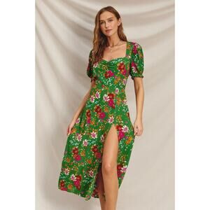 Dress Forum Green Floral Puff Sleeve Midi Dress Sweetheart Slit Size Medium